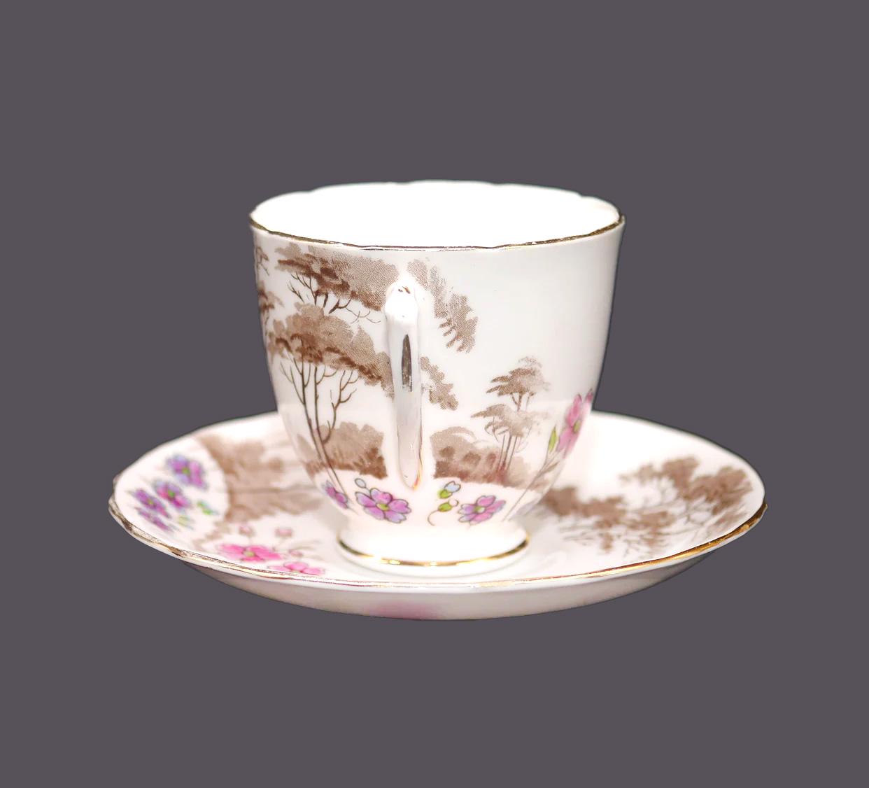 Pink floral brown landscape cup and saucer set