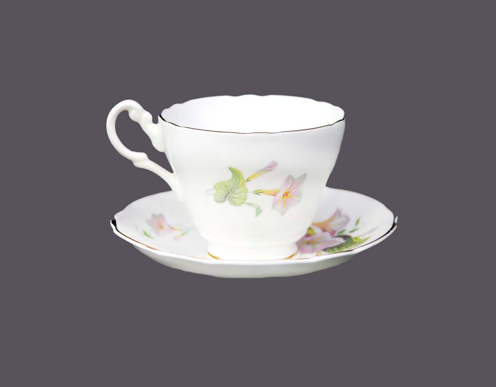 Lavender and morning glory patterned teacup and saucer set