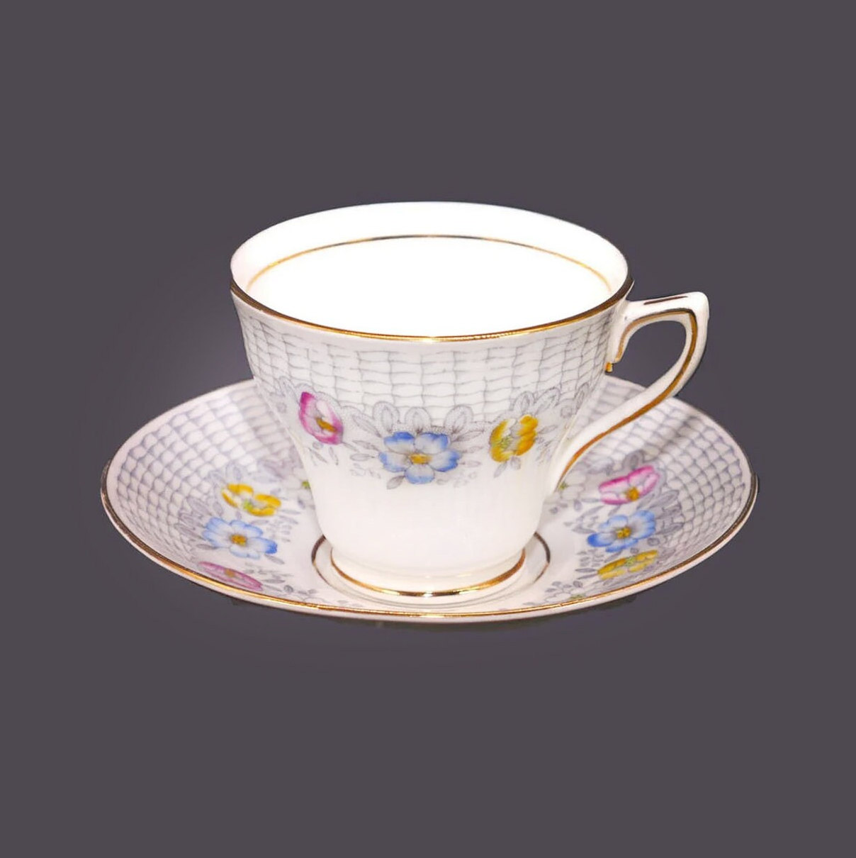 Basket Pattern Floral Vintage Porcelain Teacup and Saucer